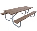 Brown plastic lumber picnic table with a grey metal frame.