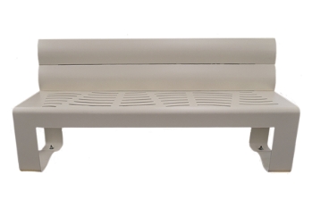 White metal plaza bench with slotted seat
