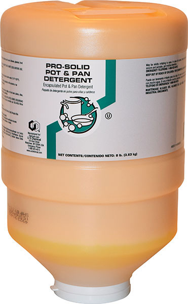 8 lb container of orange Pro-Solid Pot & Pan Detergent in a plastic container with a white dispenser cap.