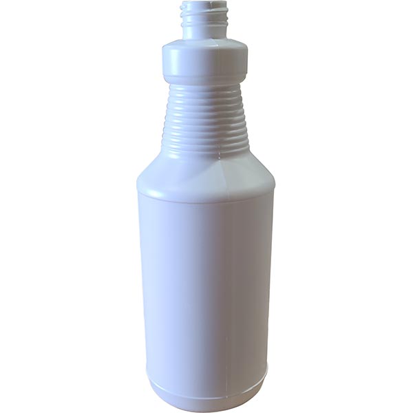 Opaque white plastic spray bottle with a ribbed neck and threaded neck finish.