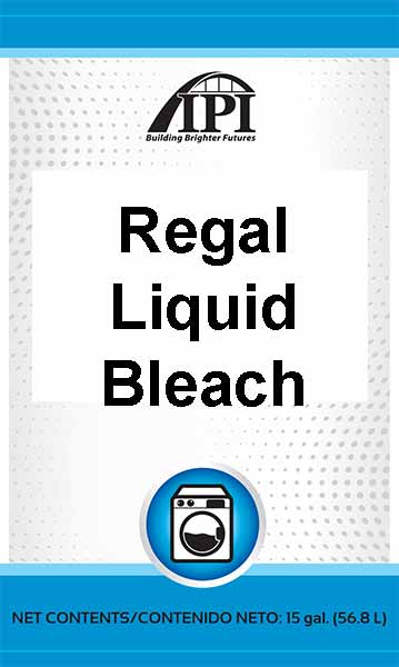 Blue and white Regal Liquid Bleach label with IPI logo, washing machine icon, and 15-gallon net content text.