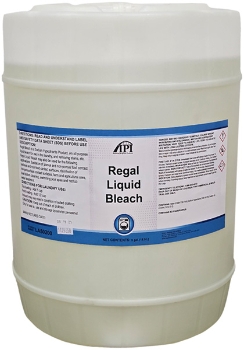 5-gallon drum container of Regal Liquid Bleach with a blue and white label displaying directions and safety details.