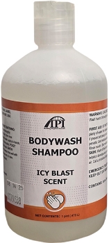 1-pint bottle of IPI Bodywash Shampoo in Icy Blast Scent with an orange label.