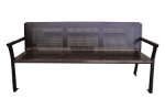 Park bench with a slotted seat and back. Powder coat painted copper medallion vein.