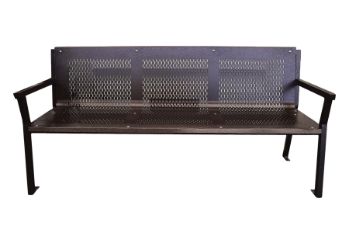 Park bench with a slotted seat and back. Powder coat painted copper medallion vein.