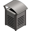 A square metal outdoor trash receptacle featuring slotted side panels and an arched rain bonnet canopy.