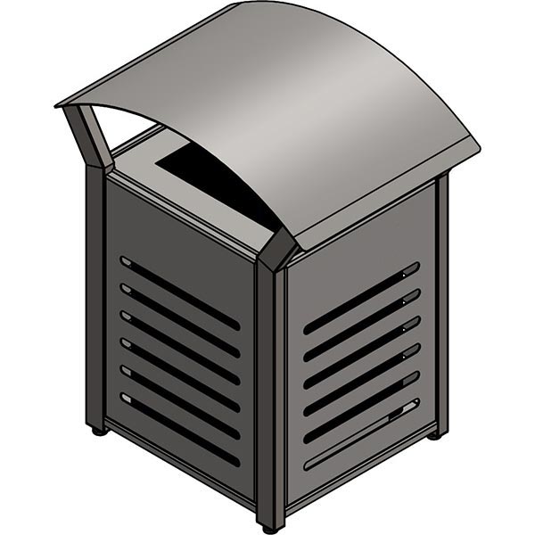 A square metal outdoor trash receptacle featuring slotted side panels and an arched rain bonnet canopy.