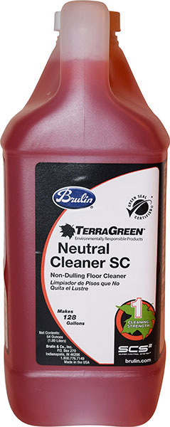 64 oz plastic container of red liquid labeled Brulin TerraGreen Neutral Cleaner SC non-dulling floor cleaner.