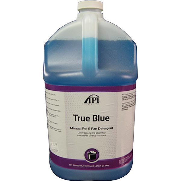 One-gallon jug of blue True Blue Manual Pot & Pan Detergent with a purple and white label and white cap.