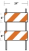 Two-rail Type II barricade with orange and white diagonal stripes amd dimensional indicators marking each rail as 8"x24".