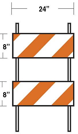 Two-rail Type II barricade with orange and white diagonal stripes amd dimensional indicators marking each rail as 8"x24".