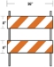 Two-rail Type II barricade with orange and white diagonal stripes amd dimensional indicators marking each rail as 8"x36".