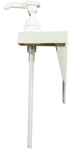 White wall-mounted bracket with an attached pump dispenser and long dip tube.