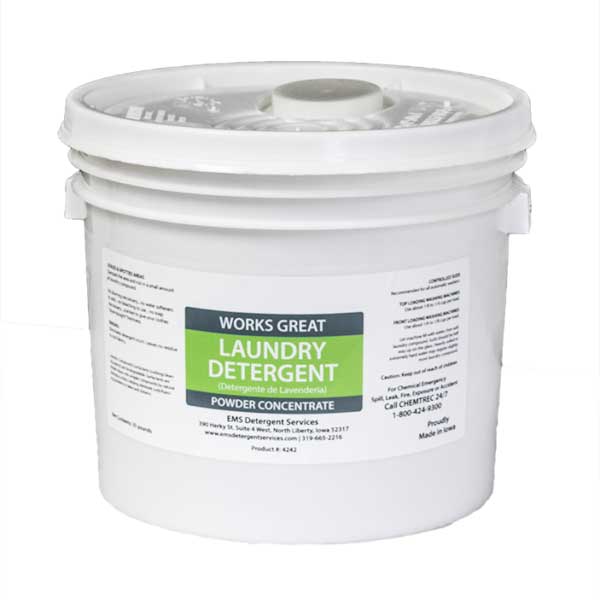 White 35 lb plastic pail of Works Great Laundry Detergent Powder Concentrate with a green and grey label.