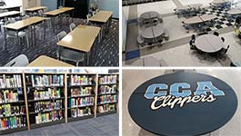 A four-pane photo collage of school facilities including a classroom with desks, a cafeteria seating area, library bookshelves, and a circular floor logo reading "CCA Clippers."