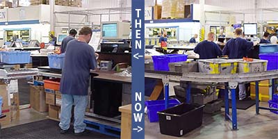 A side by side showing a view of the Central Canteen 15 years ago compared to a present day shot of the fulfillment floor.