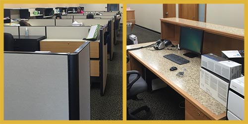A side-by-side photo collage showing an office cubicle layout on the left and a detailed view of a wooden reception or desk workstation on the right, complete with a computer monitor, keyboard, mouse, and office supplies.