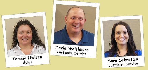 Three headshots styled like Polaroid photos introducing new staff: Tammy Nielsen (Sales), David Welshhons (Customer Service), and Sara Schnotala (Customer Service) on a beige background.