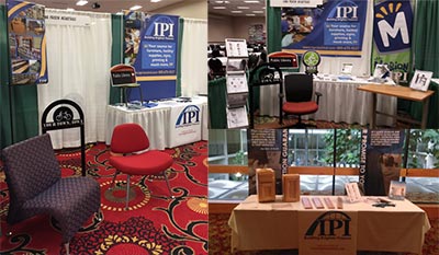 A collage of an IPI trade show display featuring chairs, signage, and product samples on tables branded with the IPI logo over patterned red carpeting.
