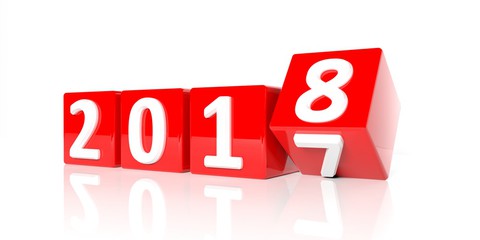 A row of glossy red blocks displaying the year 2018, where the last block is rotating to change the number 7 from the year 2017 into an 8.