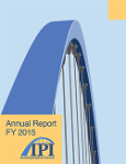IPI 2015 Annual Report cover page featuring a pastel drawing of the blue Des Moines bridges against a light blue backdrop.