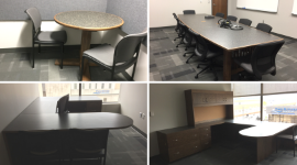 Collage of four furniture installations: Round table, conference room table, and rounded corner desks