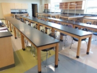 An empty school science laboratory room featuring long wooden lab tables with black tops arranged in rows, with matching cabinetry and lab workstations lining the walls.