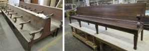 Before and after comparison photos of a long antique wooden bench, showcasing a transformation from a dusty, worn condition to a beautifully restored, polished dark wood finish.