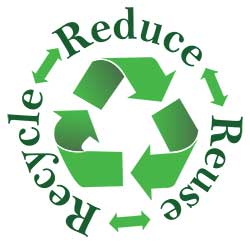The green universal recycling symbol of three chasing arrows, surrounded by a circular text layout that reads "Reduce, Reuse, Recycle" separated by smaller double-sided green arrows.