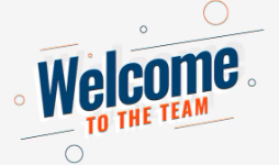 A stylized, modern graphic banner reading "Welcome TO THE TEAM" on a slight tilt, featuring a large navy blue "Welcome" above a bright orange "TO THE TEAM," decorated with fine lines and circular geometric accents on a light grey background.