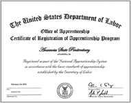 US Department of Labor Certificate of Registration of Apprenticeship Program awarded to Anamosa State Penitentiary, IA. Registered as part of the National Apprenticeship System. Dated February 20, 2014.