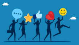 An illustration of business silhouettes walking and leaping joyfully against a blue sky, holding up large customer feedback symbols: a speech bubble, a gold star, a thumbs-up, a red heart, and a yellow smiley face.