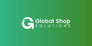 The white corporate logo for Global Shop Solutions, featuring a stylized letter "G" icon next to the brand name, centered on a vibrant green gradient background.