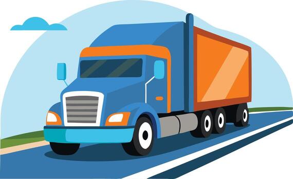 A stylized vector illustration of a semi-truck traveling on a highway. The cargo truck features a bright blue cab with orange trim and a large orange shipping trailer, set against a light blue sky with a minimal cloud backdrop.
