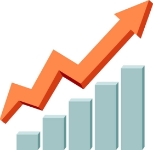 A trend growth graphic showing a series of rising light blue bar charts overlaid with a large orange arrow pointing diagonally upward.