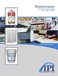 A promotional brochure cover for IPI Maintenance supplies, featuring images of cleaning chemicals, air filters, and industrial buckets, alongside scenes of facility cleaning and maintenance work.