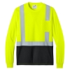 Long sleeve safety yellow tee with black bottom, left chest pocket, and solid reflective taping.
