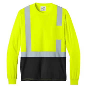 Long sleeve safety yellow tee with black bottom, left chest pocket, and solid reflective taping.
