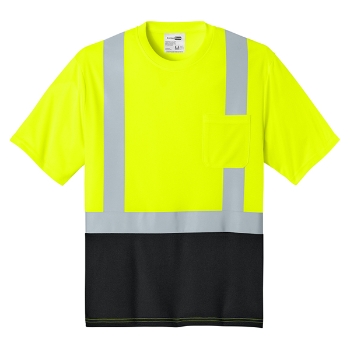 Safety yellow short sleeve tee with left chest pocket, black bottom and solid reflective taping.