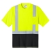 Safety yellow short sleeve tee with left chest pocket, black bottom and solid reflective taping.