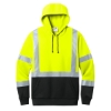 Safety Yellow pullover hoodie with black bottom and drawstrings and reflective taping.