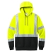 Safety Yellow pullover hoodie with black bottom and drawstrings and reflective taping.