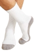 Pair of white crew socks with grey reinforced toes, soles and heels.