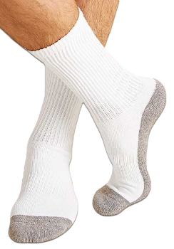 Pair of white crew socks with grey reinforced toes, soles and heels.