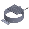 3D CAD rendering of a round steel fire ring featuring an attached swivel cooking grate with a handle and mounting bracket.