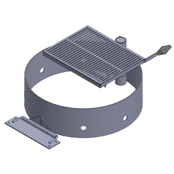3D CAD rendering of a round steel fire ring featuring an attached swivel cooking grate with a handle and mounting bracket.