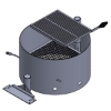 3D CAD rendering of a round steel fire ring featuring an adjustable swivel cooking grate on top and an interior mesh grate.