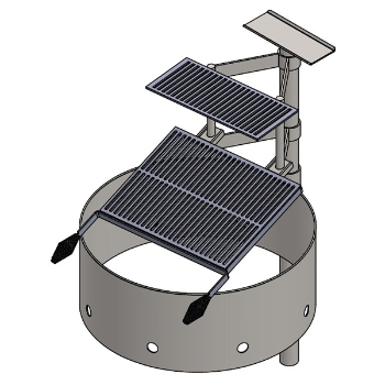 3D CAD rendering of a round metal fire ring featuring dual-tiered swivel cooking grates, a utility shelf, and an in-ground support post.