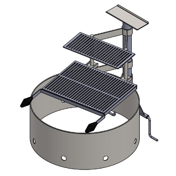 3D CAD rendering of a round metal fire ring featuring dual-tiered swivel cooking grates, a shelf, and an attached side-mounting bracket.