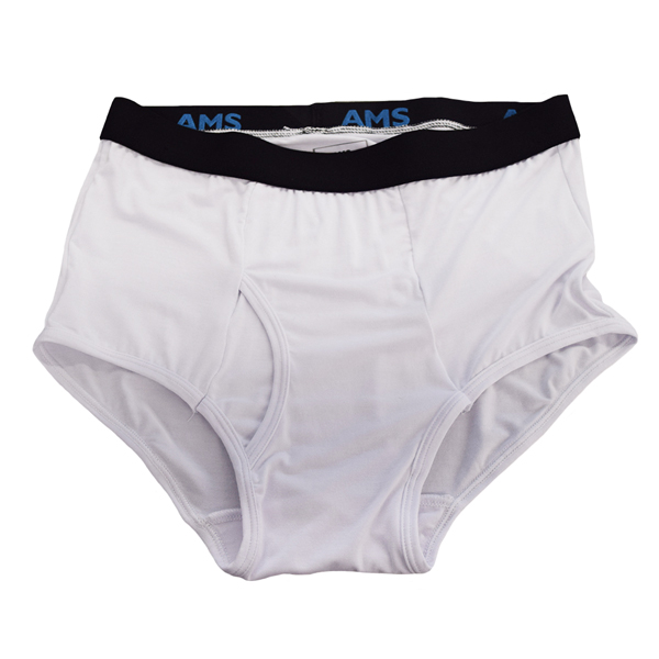 Pair of white mens brief underwear with a black waistband.